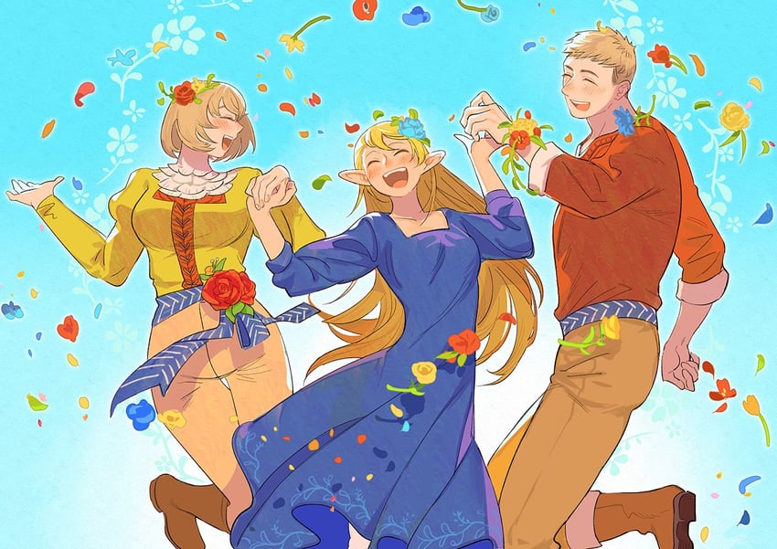 marcille donato, falin touden, and laios touden (dungeon meshi) drawn by saiko67