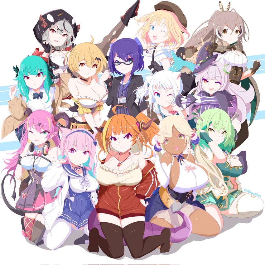 gawr gura, nanashi mumei, minato aqua, watson amelia, sakamata chloe, and 9 more (hololive and 1 more) drawn by erikuukun