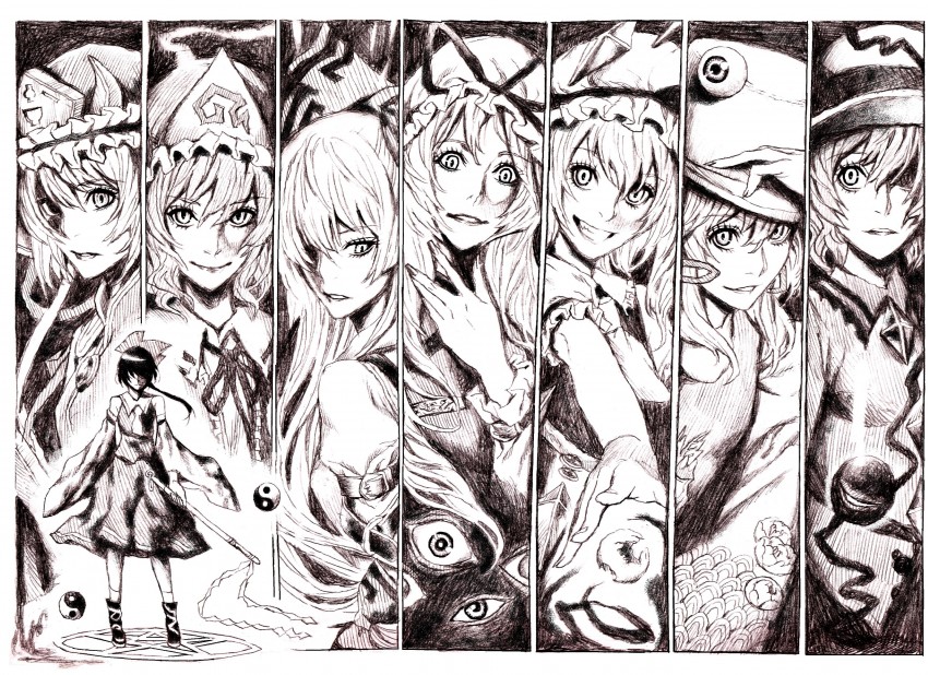 hakurei reimu, flandre scarlet, komeiji koishi, yakumo yukari, fujiwara no mokou, and 3 more (touhou) drawn by nobita_(makoto7060355)