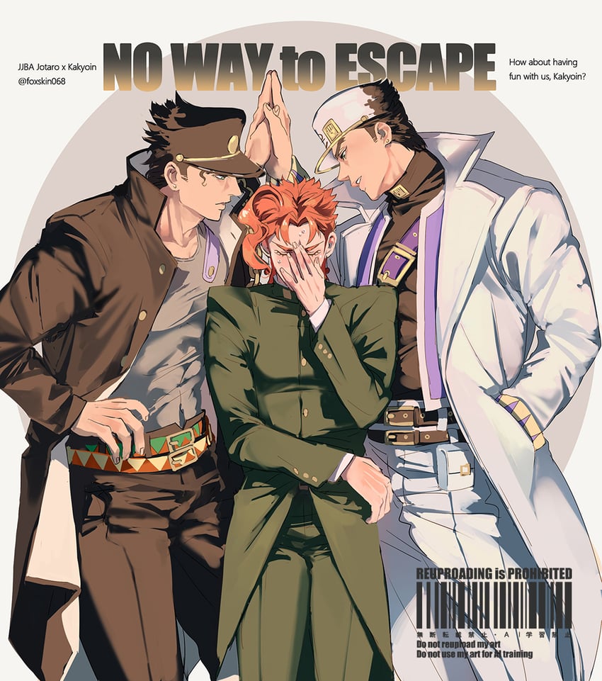 kujo jotaro and kakyoin noriaki (jojo no kimyou na bouken and 2 more) drawn by foxskin068