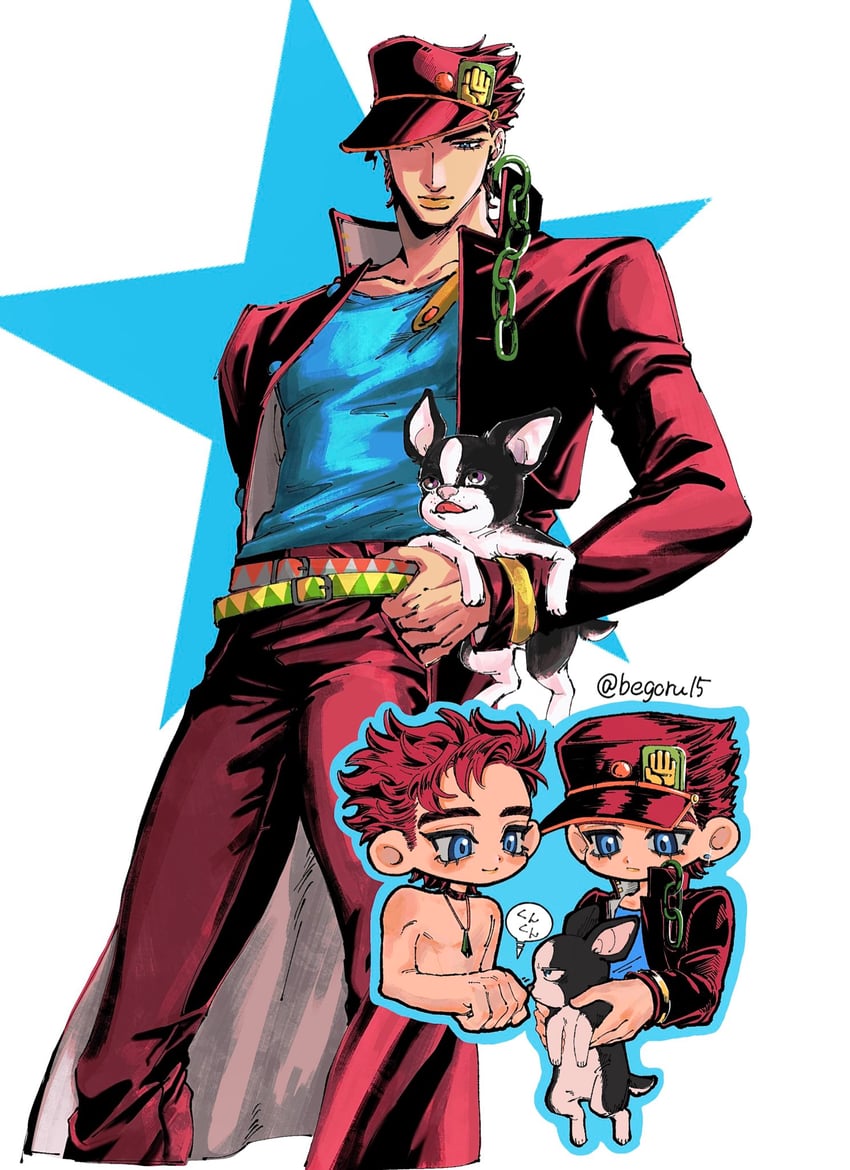 kujo jotaro, jonathan joestar, and iggy (jojo no kimyou na bouken and 2 more) drawn by begoru15