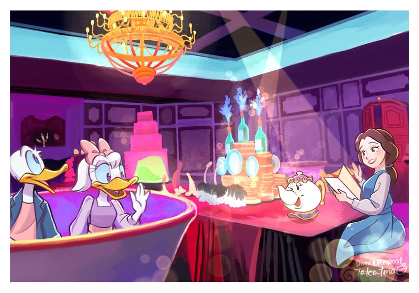 donald duck, belle, daisy duck, and mrs. potts (mickey mouse & friends and 2 more) drawn by gamorangetana and takatmaorange