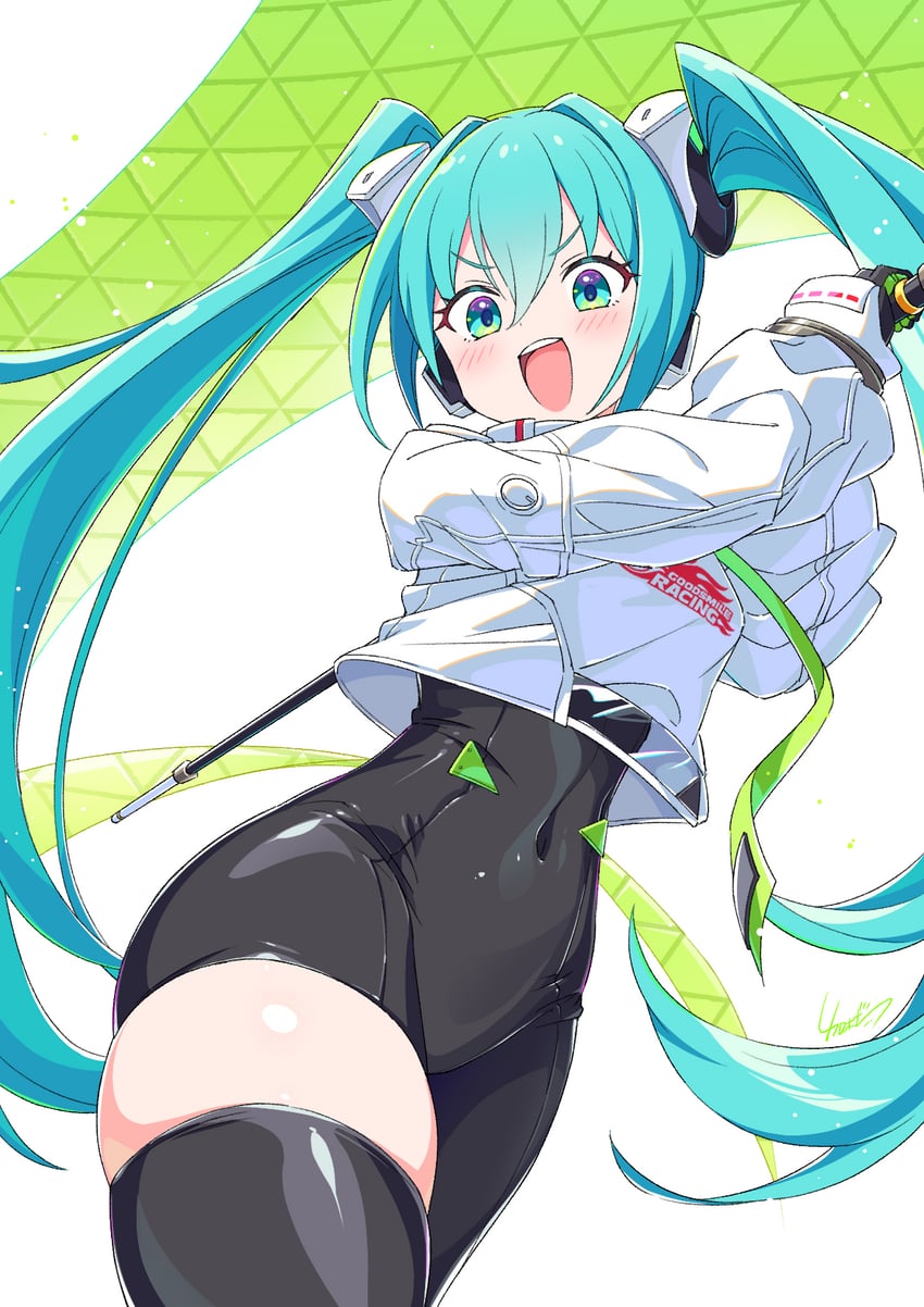 hatsune miku and racing miku (vocaloid and 1 more) drawn by kamuraaa_615