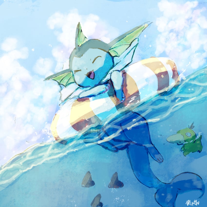 vaporeon, psyduck, and luvdisc (pokemon) drawn by bishamon_(usagi_ba)