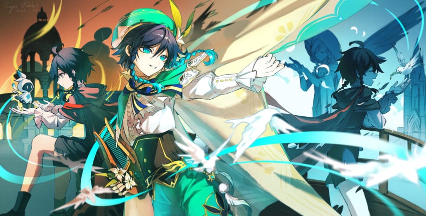 venti, barbatos, nameless bard, and statue of the seven (genshin impact) drawn by muxi297