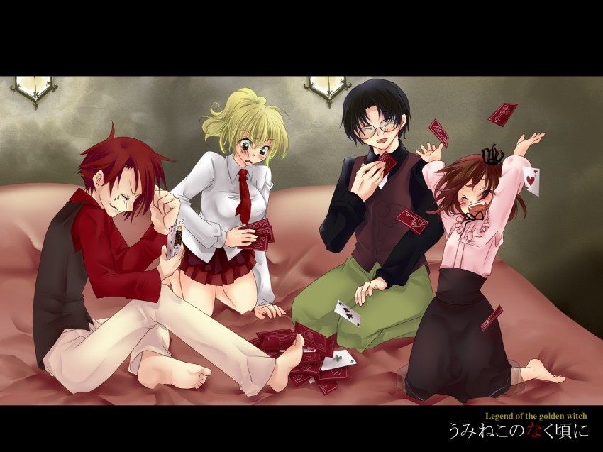 beatrice, ushiromiya battler, ushiromiya maria, ushiromiya jessica, and ushiromiya george (umineko no naku koro ni) drawn by koougi