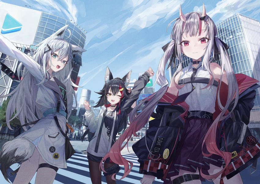 shirakami fubuki, ookami mio, and nakiri ayame (hololive) drawn by fudepenbrushpen