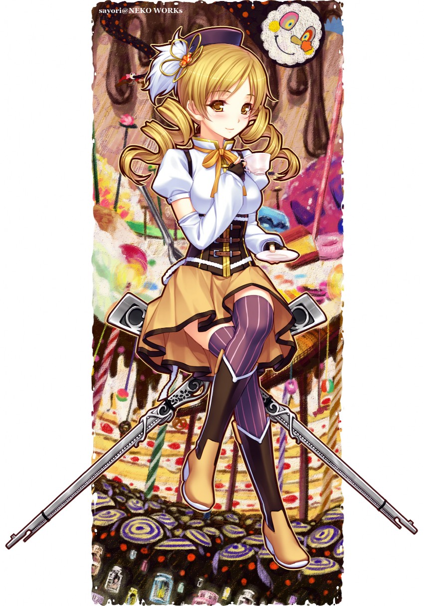tomoe mami, charlotte, and pyotr (mahou shoujo madoka magica) drawn by sayori_(neko_works)