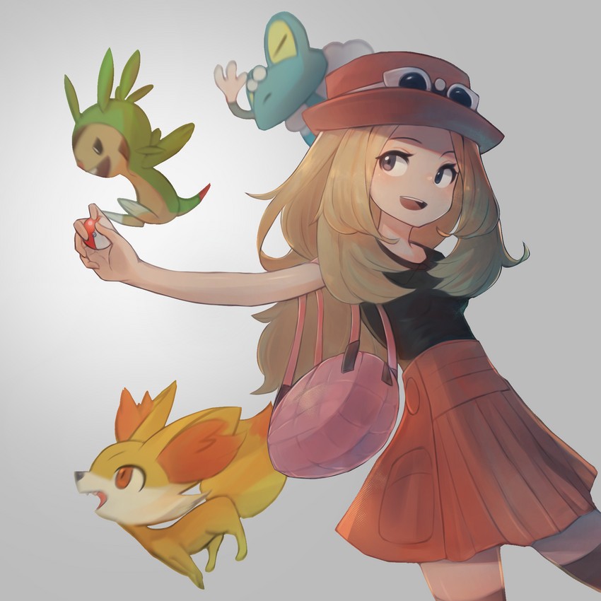 serena, fennekin, chespin, and froakie (pokemon and 1 more) drawn by bongnom