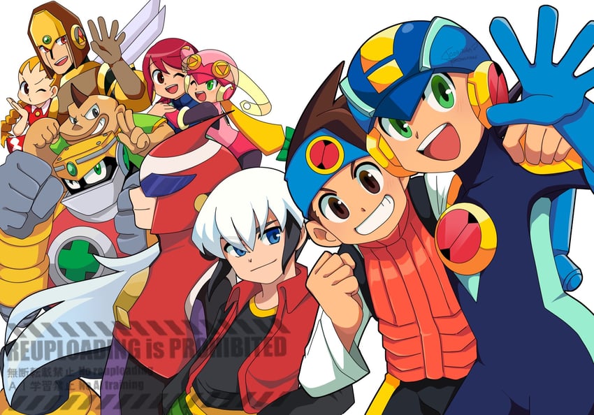 megaman.exe, lan hikari, roll.exe, mayl sakurai, protoman.exe, and 5 more (mega man and 1 more) drawn by egao_nina6