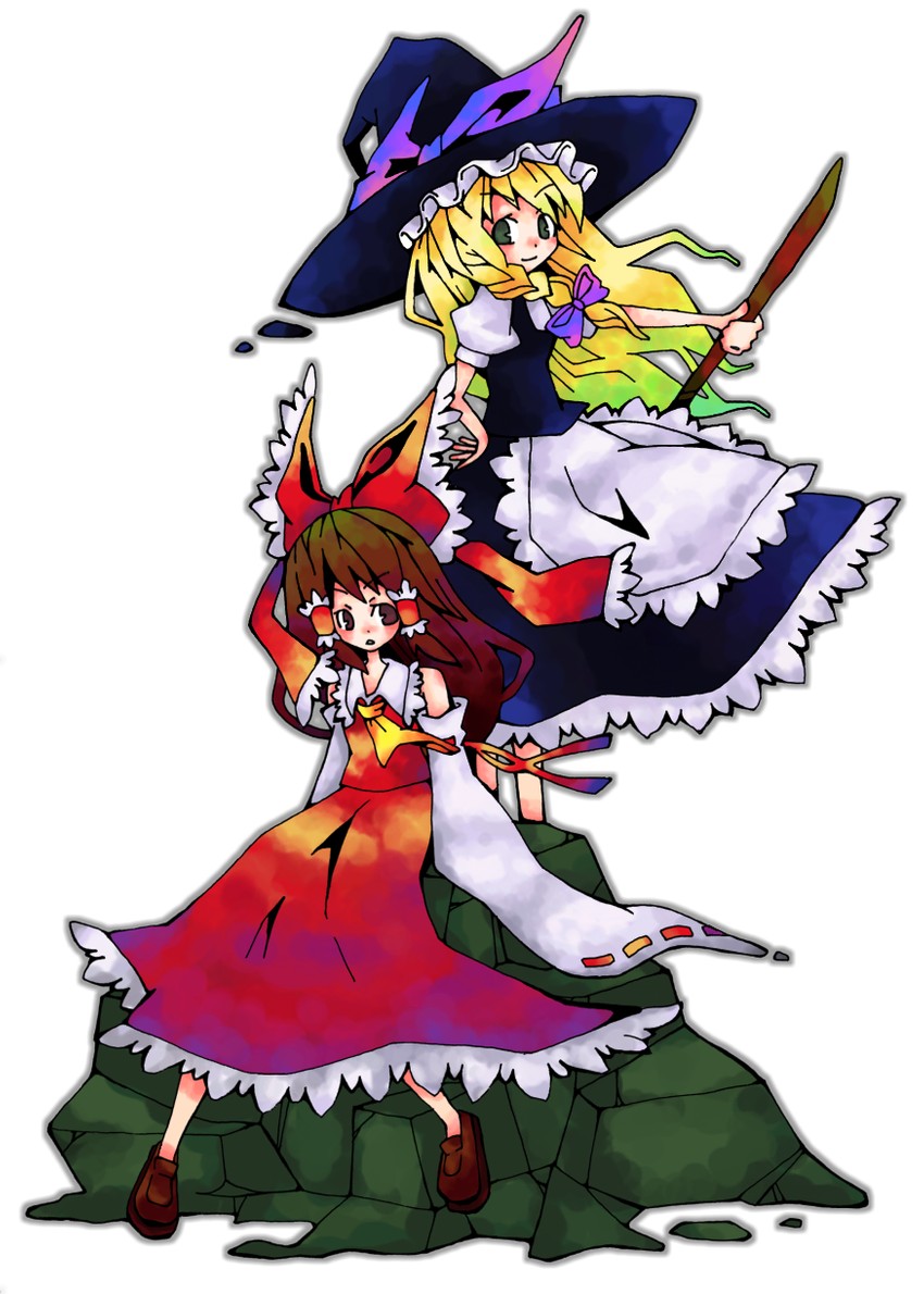 hakurei reimu and kirisame marisa (touhou) drawn by 24nora