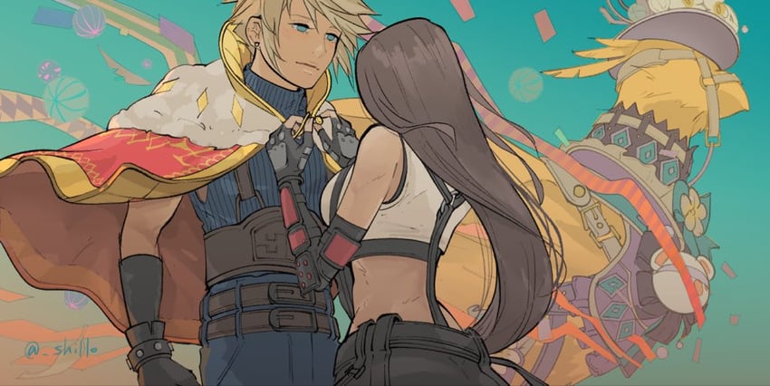 tifa lockhart, cloud strife, and moogle (final fantasy and 3 more) drawn by shillo