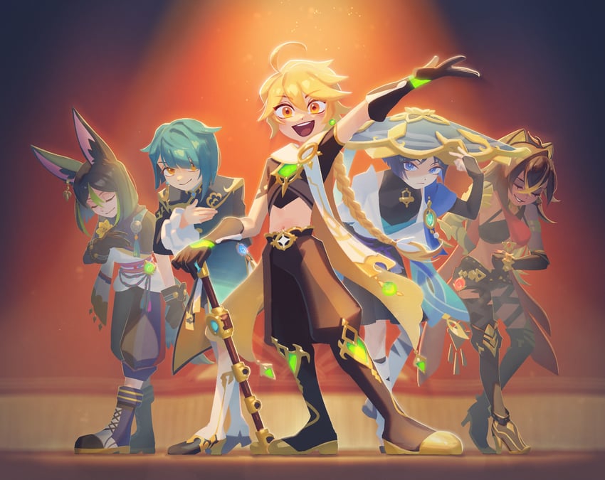 scaramouche, aether, wanderer, tighnari, xingqiu, and 1 more (genshin impact) drawn by ukata