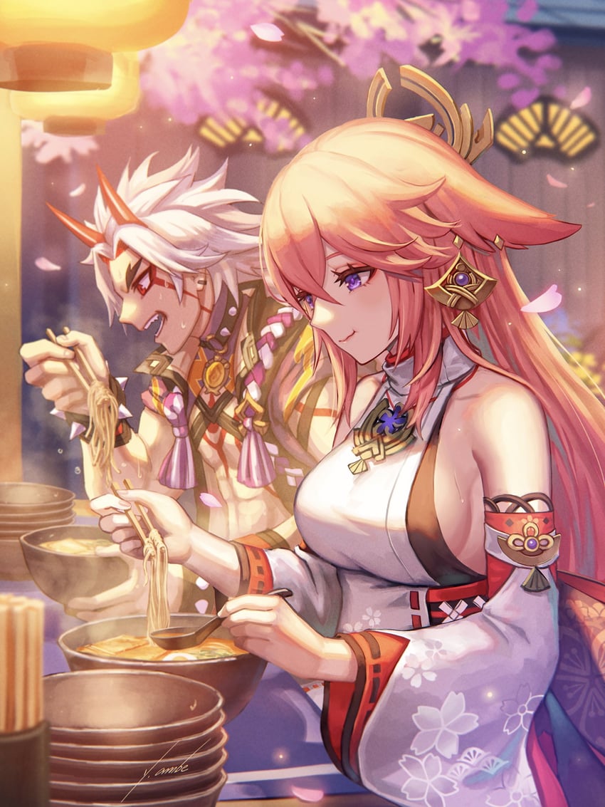 yae miko and arataki itto (genshin impact) drawn by anbe_yoshirou