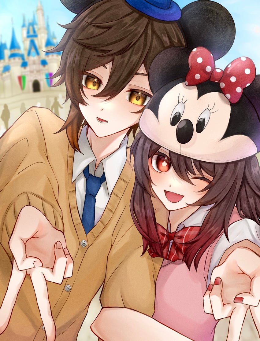 hu tao, zhongli, mickey mouse, and minnie mouse (genshin impact and 3 more) drawn by mnst_rone