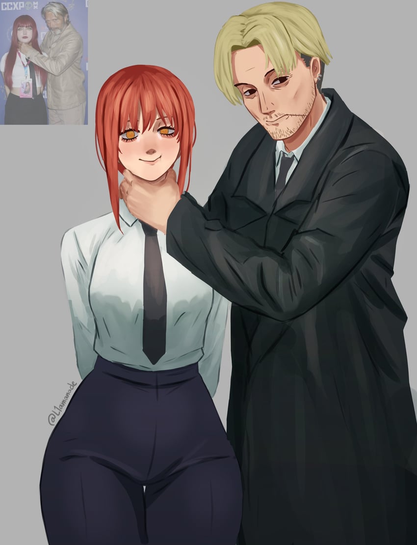makima, kishibe, and mads mikkelsen (chainsaw man) drawn by l1amanade