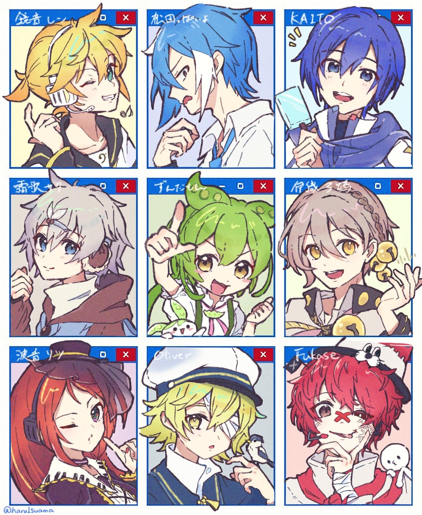 kagamine len, kaito, zundamon, namine ritsu, oliver, and 6 more (vocaloid and 4 more) drawn by suama_(haruichi)