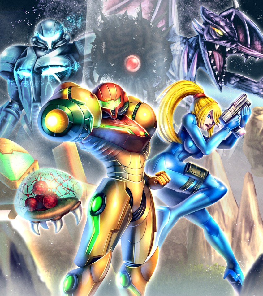 samus aran, metroid, metroid larva, ridley, dark samus, and 1 more (metroid and 3 more) drawn by gonzarez