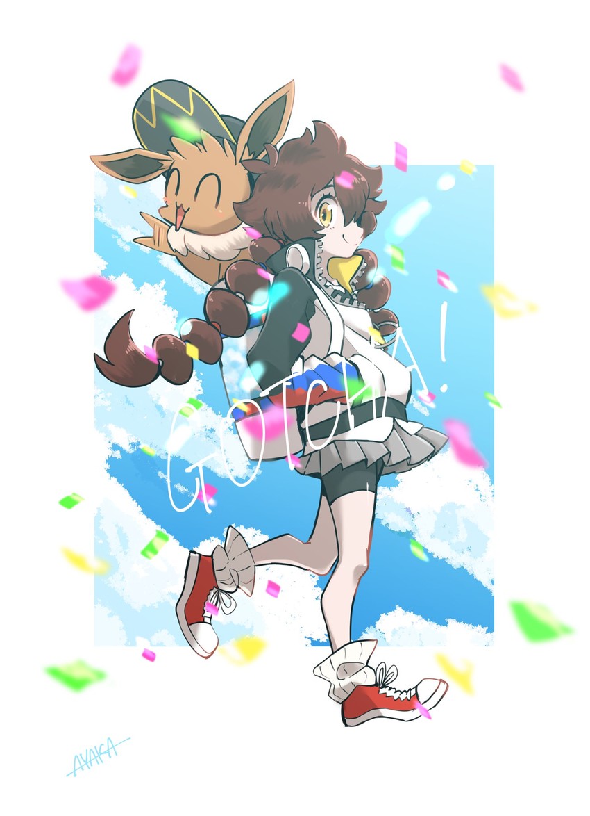 eevee and gotcha! girl (pokemon and 1 more) drawn by ayakadegozans