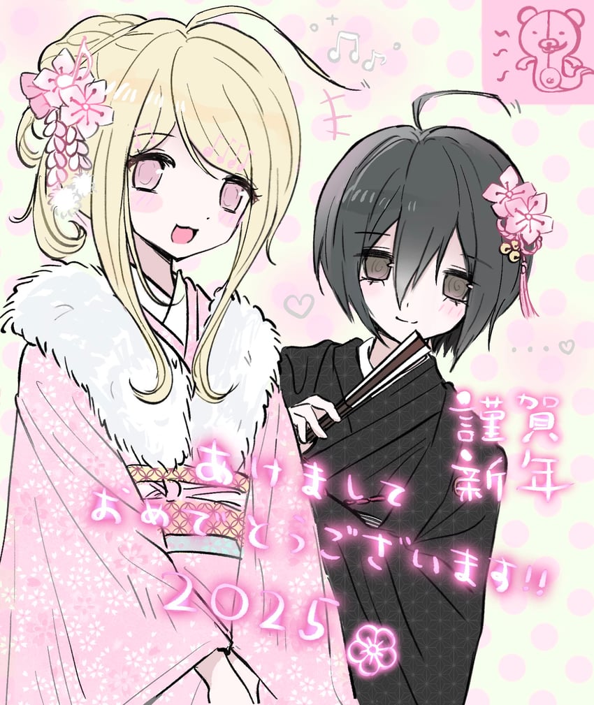 saihara shuichi, akamatsu kaede, and monokuma (danganronpa and 1 more) drawn by bubyaaaaaaa