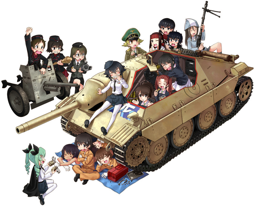 anchovy, mika, pepperoni, kadotani anzu, kawashima momo, and 11 more (girls und panzer) drawn by katahira_masashi