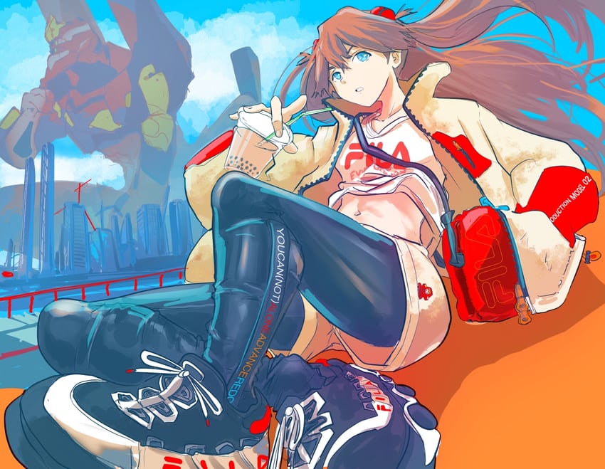 souryuu asuka langley and eva 02 (neon genesis evangelion and 2 more) drawn by bravoida