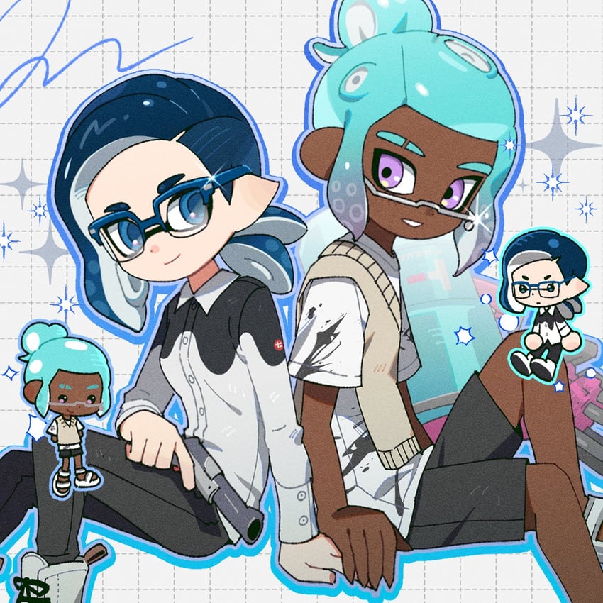 inkling player character, inkling girl, octoling player character, and octoling boy (splatoon) drawn by hg_swdiary