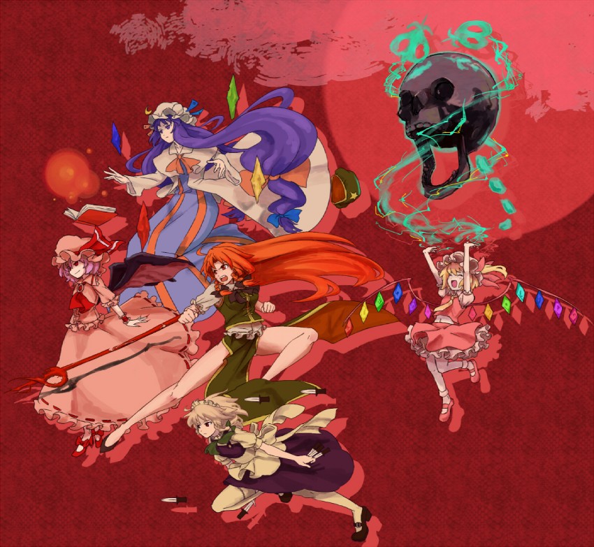 remilia scarlet, flandre scarlet, izayoi sakuya, patchouli knowledge, and hong meiling (touhou) drawn by shibasaki_shouji