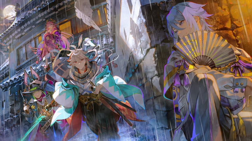 yae miko, kaedehara kazuha, tighnari, and kamisato ayato (genshin impact) drawn by kyuuba_melo