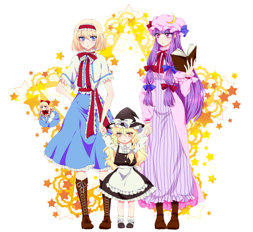 kirisame marisa, alice margatroid, patchouli knowledge, and shanghai doll (touhou) drawn by maruta_(shummylass)