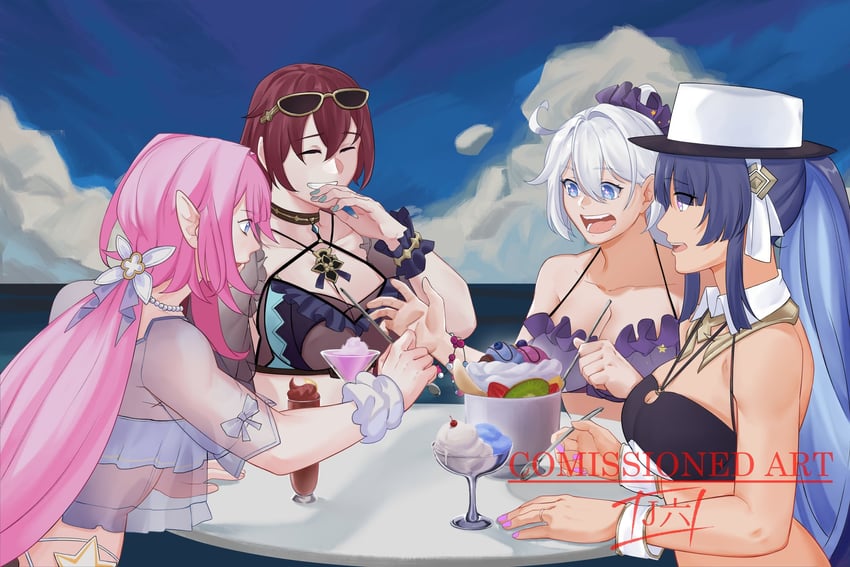 elysia, kiana kaslana, raiden mei, and eden (honkai and 1 more) drawn by jae_roku