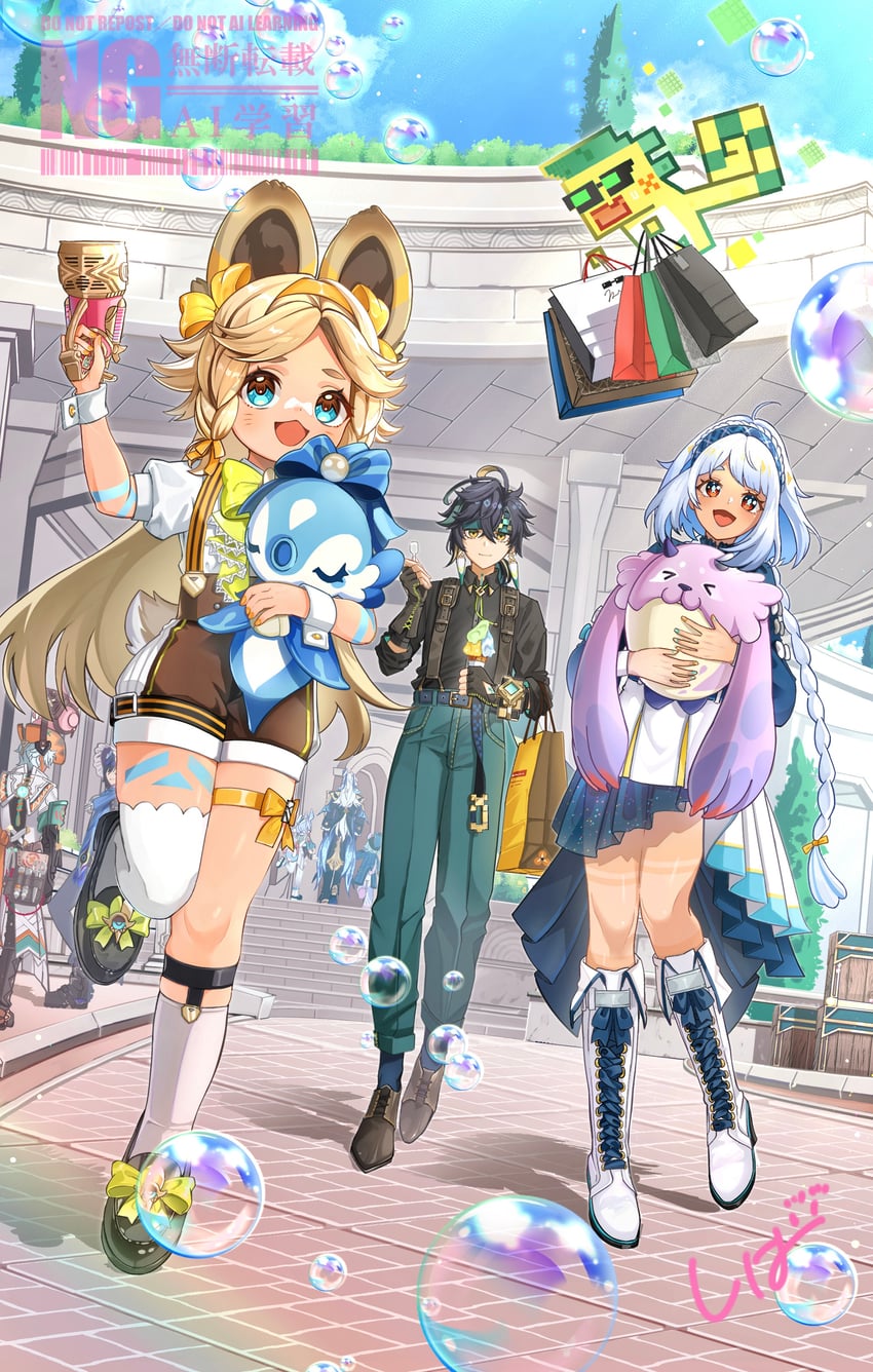 neuvillette, mualani, sigewinne, kinich, surintendante chevalmarin, and 6 more (genshin impact) drawn by shiba_(tonari_no_shiba_inu)