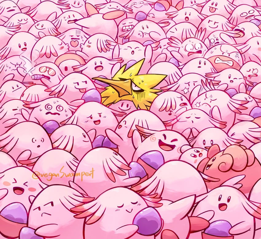 kirby, ditto, chansey, zapdos, fall guy, and 3 more (pokemon and 2 more) drawn by veganswampert