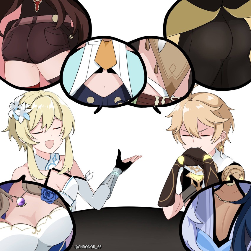 lumine, aether, zhongli, amber, kaeya, and 3 more (genshin impact) drawn by chrono_(makuro34)