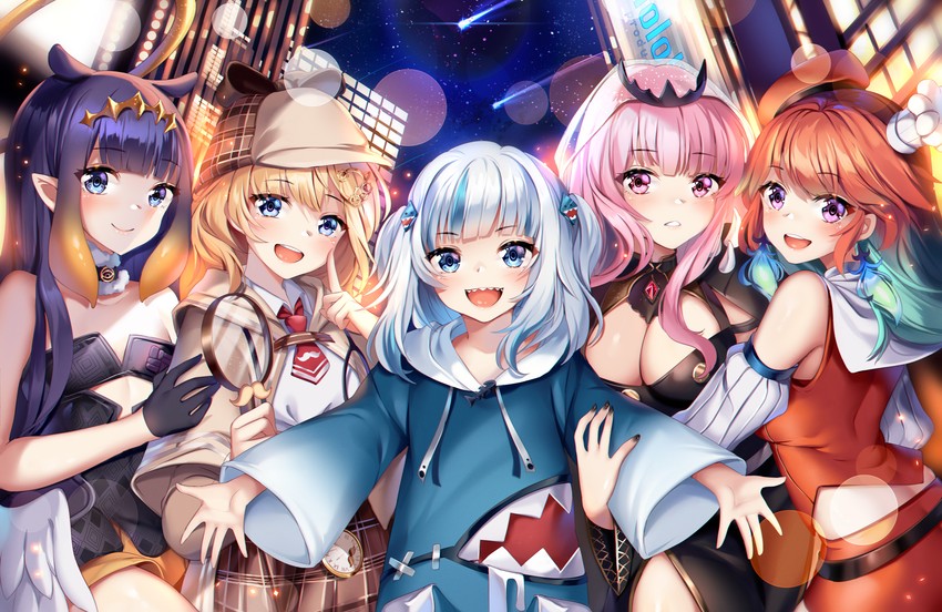 gawr gura, mori calliope, ninomae ina'nis, takanashi kiara, and watson amelia (hololive and 1 more) drawn by squchan