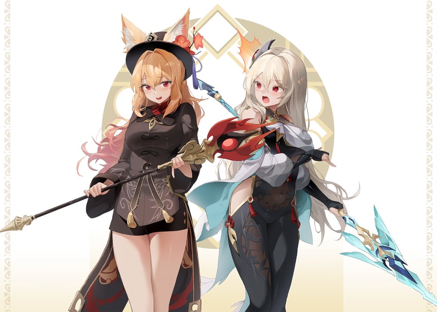 hu tao, shenhe, ellin meiji, and lethe rin (original and 1 more) drawn by choyeon
