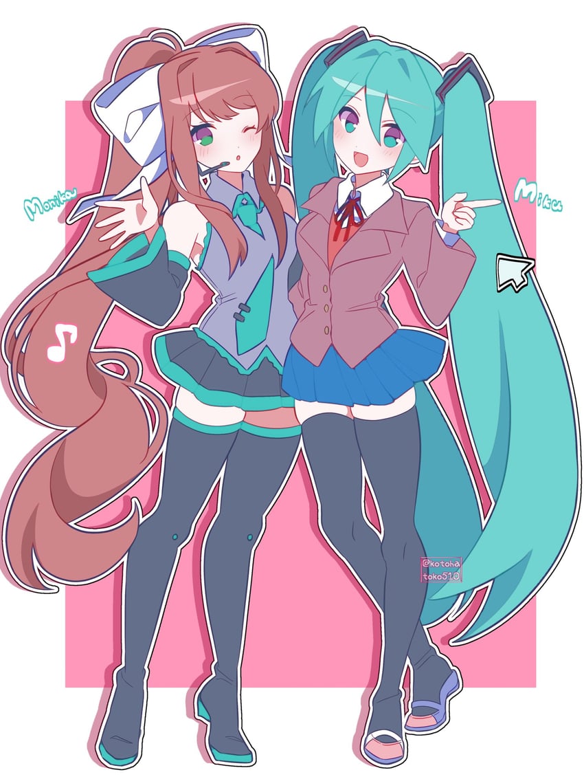 hatsune miku and monika (vocaloid and 1 more) drawn by kotohatoko510