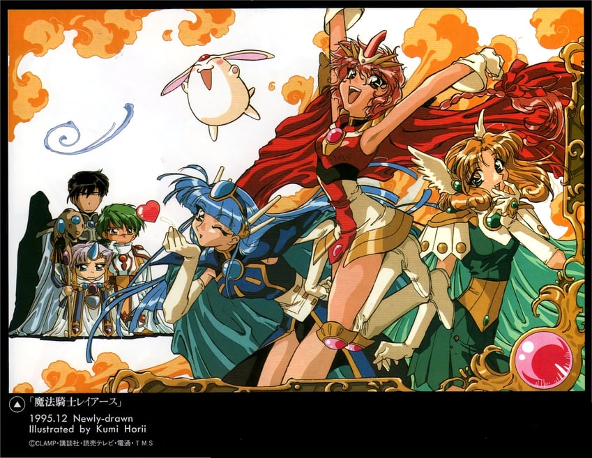 shidou hikaru, ryuuzaki umi, hououji fuu, mokona, ferio, and 2 more (magic knight rayearth and 1 more) drawn by horii_kumi