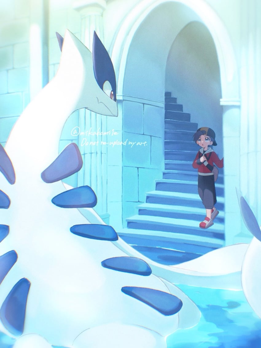 ethan and lugia (pokemon and 1 more) drawn by mikakami1e