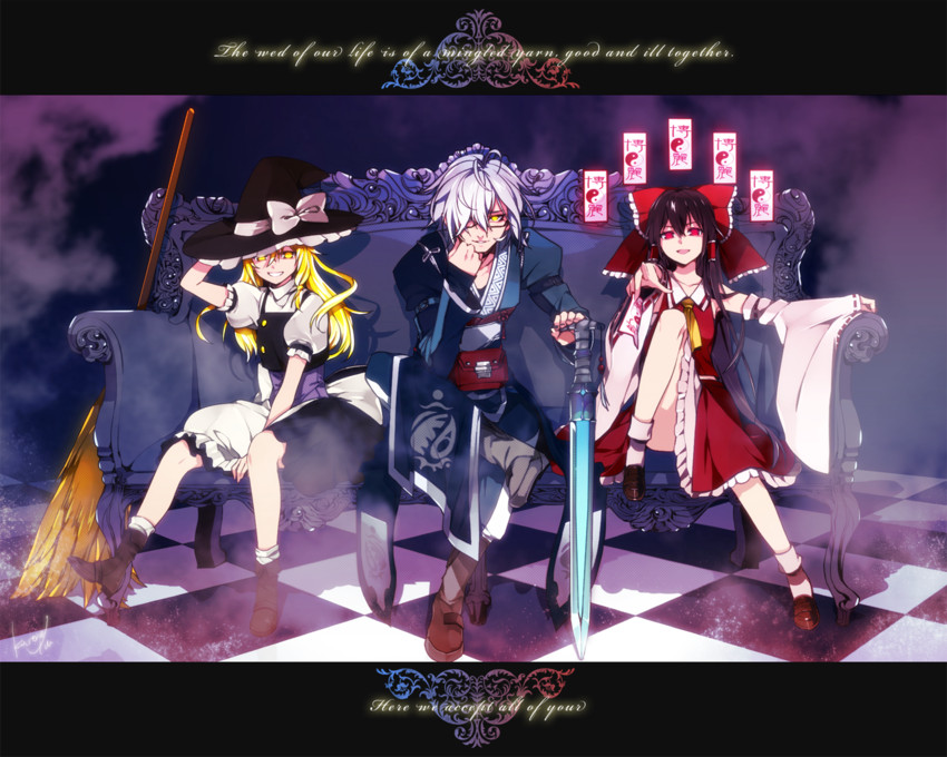 hakurei reimu, kirisame marisa, and morichika rinnosuke (touhou) drawn by kurono_yuu