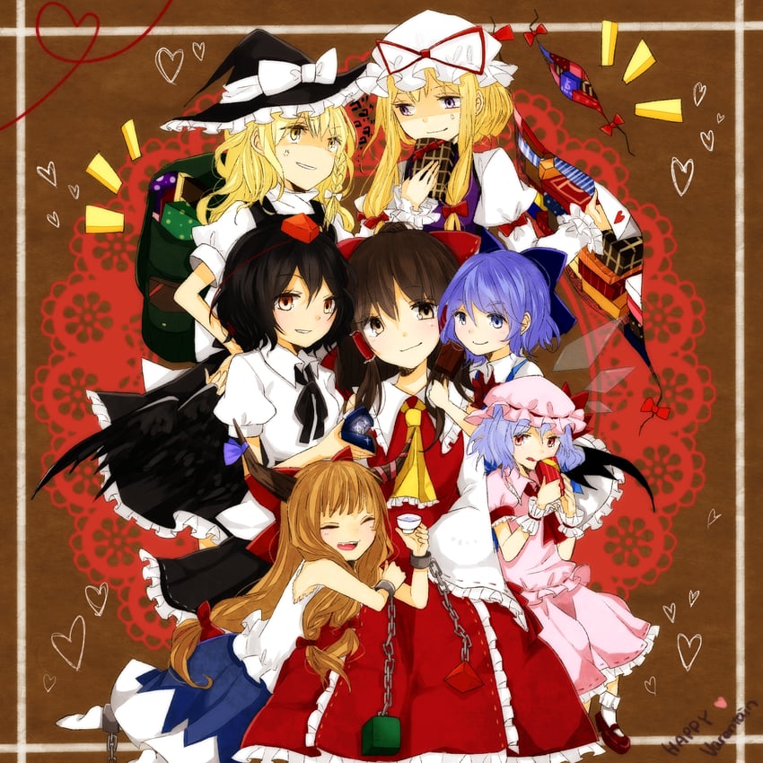 hakurei reimu, kirisame marisa, remilia scarlet, cirno, yakumo yukari, and 2 more (touhou) drawn by ark_tr