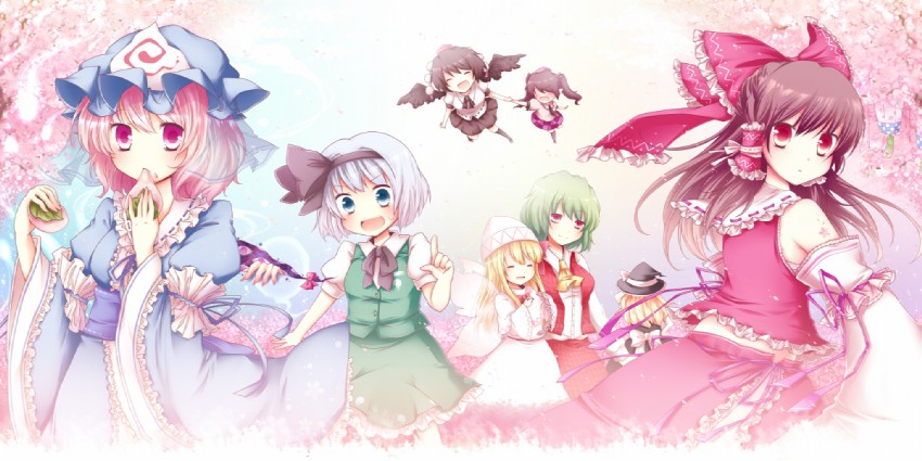 hakurei reimu, kirisame marisa, konpaku youmu, yakumo yukari, shameimaru aya, and 4 more (touhou) drawn by sanotsuki