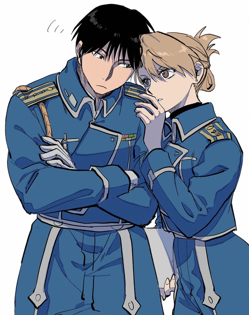 riza hawkeye and roy mustang (fullmetal alchemist) drawn by ozaki_(tsukiko3)