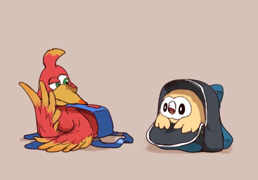 rowlet and kazooie (pokemon and 3 more) drawn by piku_(another_pikuru)