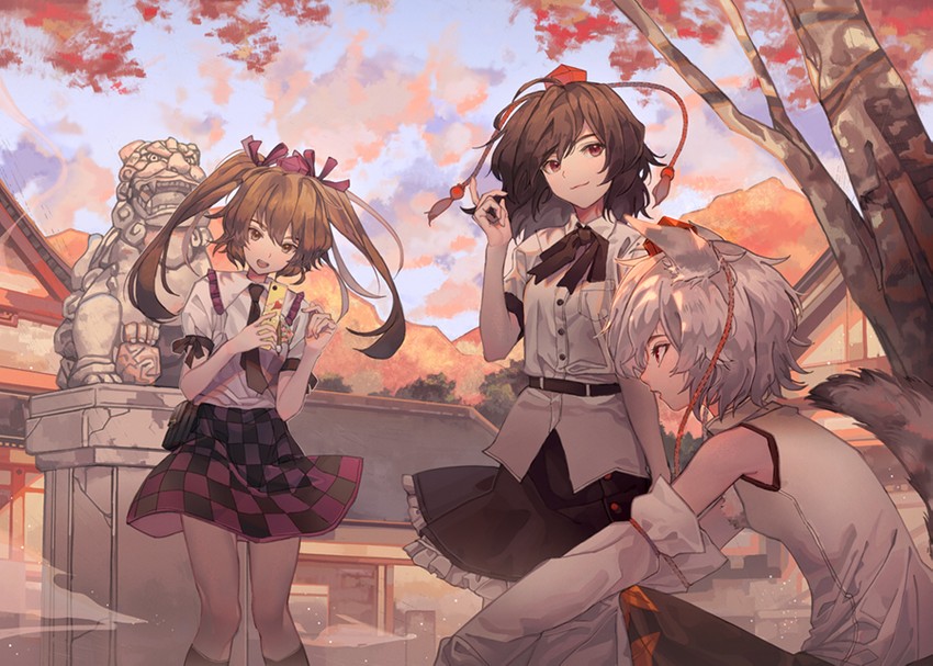 shameimaru aya, inubashiri momiji, and himekaidou hatate (touhou) drawn by maachi_(fsam4547)