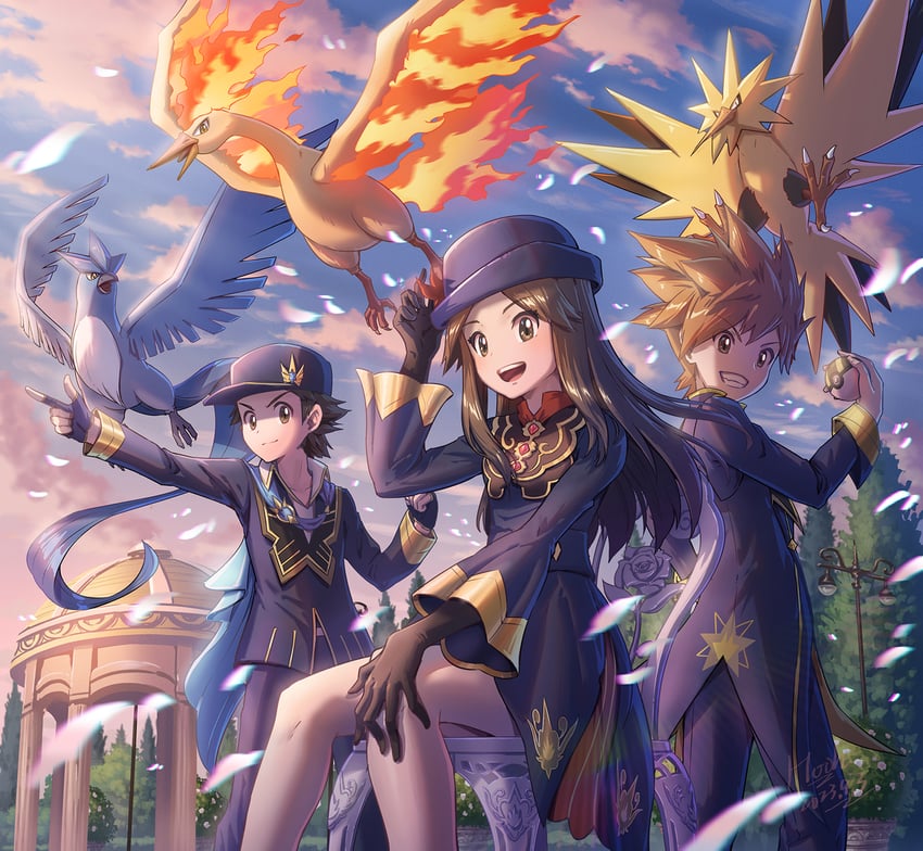 blue oak, articuno, zapdos, moltres, leaf, and 1 more (pokemon and 1 more) drawn by hooh_lin
