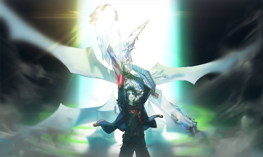 fudo yusei and shooting quasar dragon (yu-gi-oh! and 1 more) drawn by momentcorefly