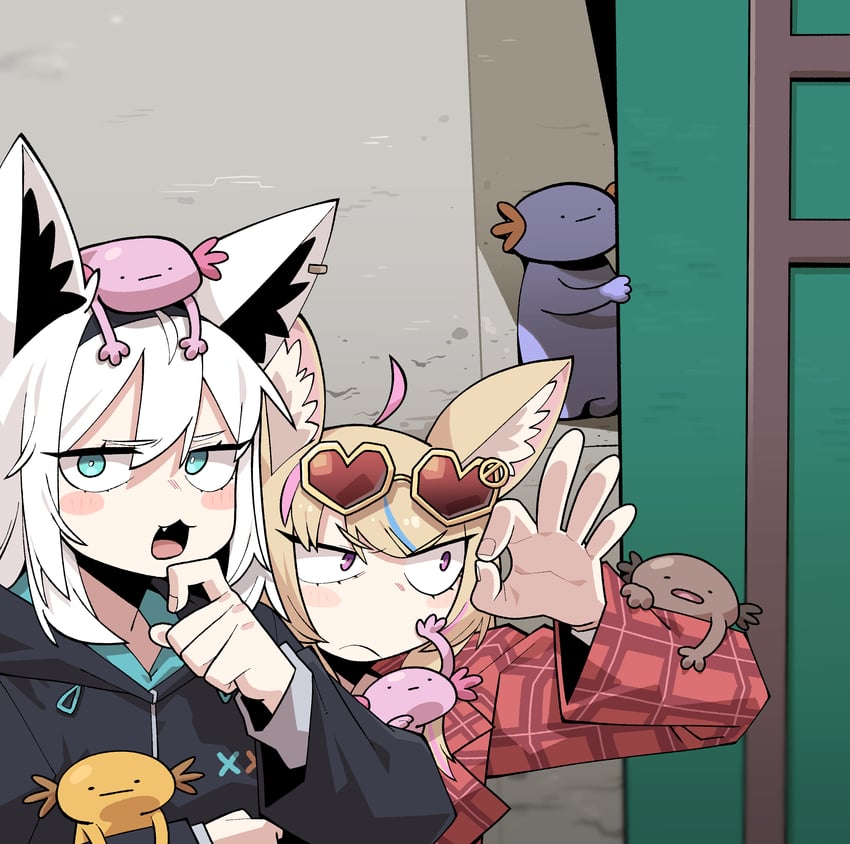 shirakami fubuki, omaru polka, and axolotl (hololive and 1 more) drawn by cocomayo29_(tomato)