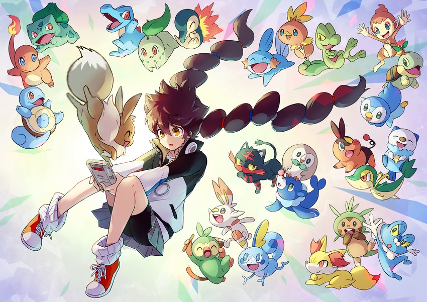 eevee, rowlet, piplup, bulbasaur, scorbunny, and 21 more (pokemon and 1 more) drawn by peron_(niki2ki884)