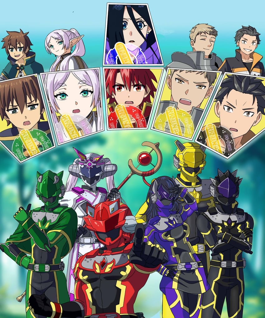 frieren, laios touden, satou kazuma, natsuki subaru, asagaki togo, and 2 more (kono subarashii sekai ni shukufuku wo! and 5 more) drawn by turles17